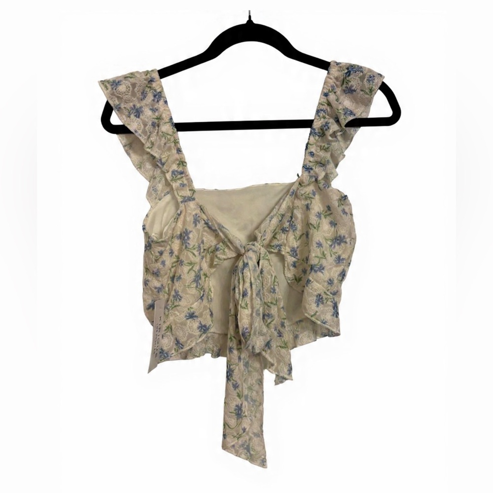 KIRIOUS LOS ANGELES SIZE M IVORY FLORAL RUFFLE SLEEVE OPEN TIE BACK CROP TANK - Picture 3 of 5